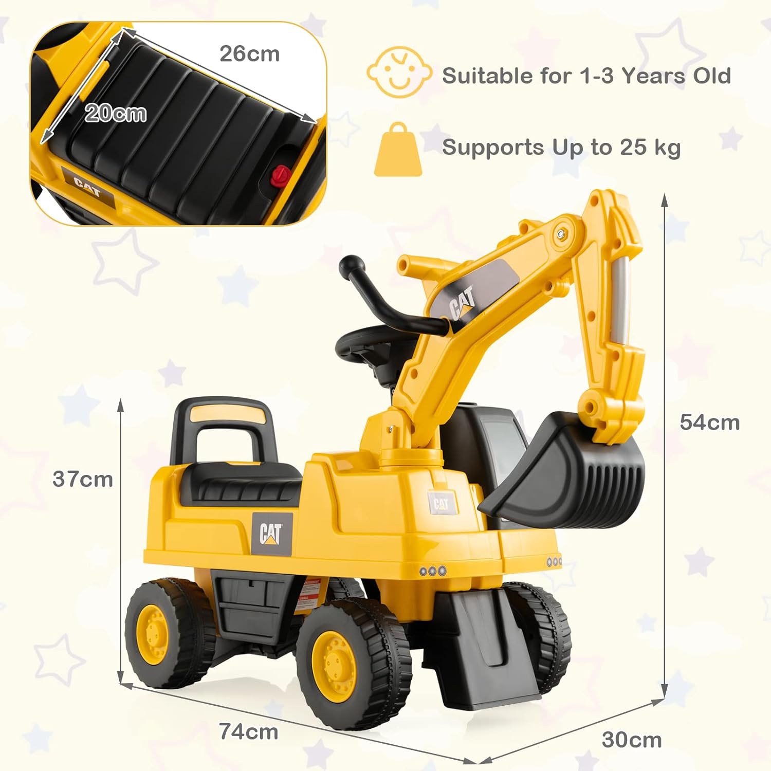 Maxmass Kids Ride on Car, Caterpillar Licensed Toddler Excavator Toy Car with Adjustable Bucket, Underneath Storage and Horn, Children Sit on Truck for 1-3 Years Old (Digger)-4