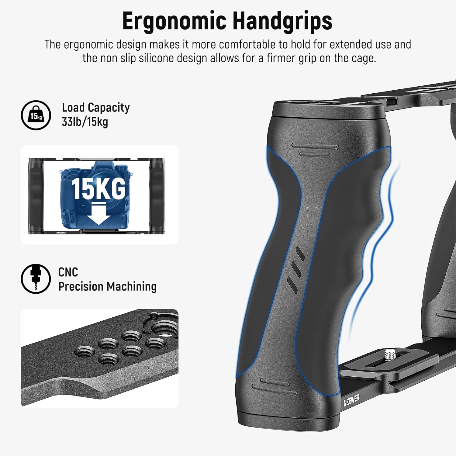 NEEWER Video Camera Cage Rig with Arca Base, Double Handles, 3/8 Inch ARRI Socket & 1/4 Inch Thread, Cold Shoes, Universal Stabiliser Compatible with SmallRig NEEWER Base Plate 15 mm Rods, CA016-6