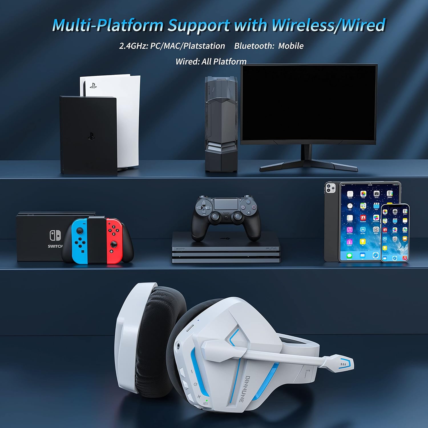 BINNUNE Wireless Gaming Headset with Microphone for PS5, PS4, PC, NS, Mac, 7.1 Crystal-Stereo Bluetooth Headphones, PS5 Headset Wireless 2.4GHz with Lossless Audio, 120 Hr Battery - White-6