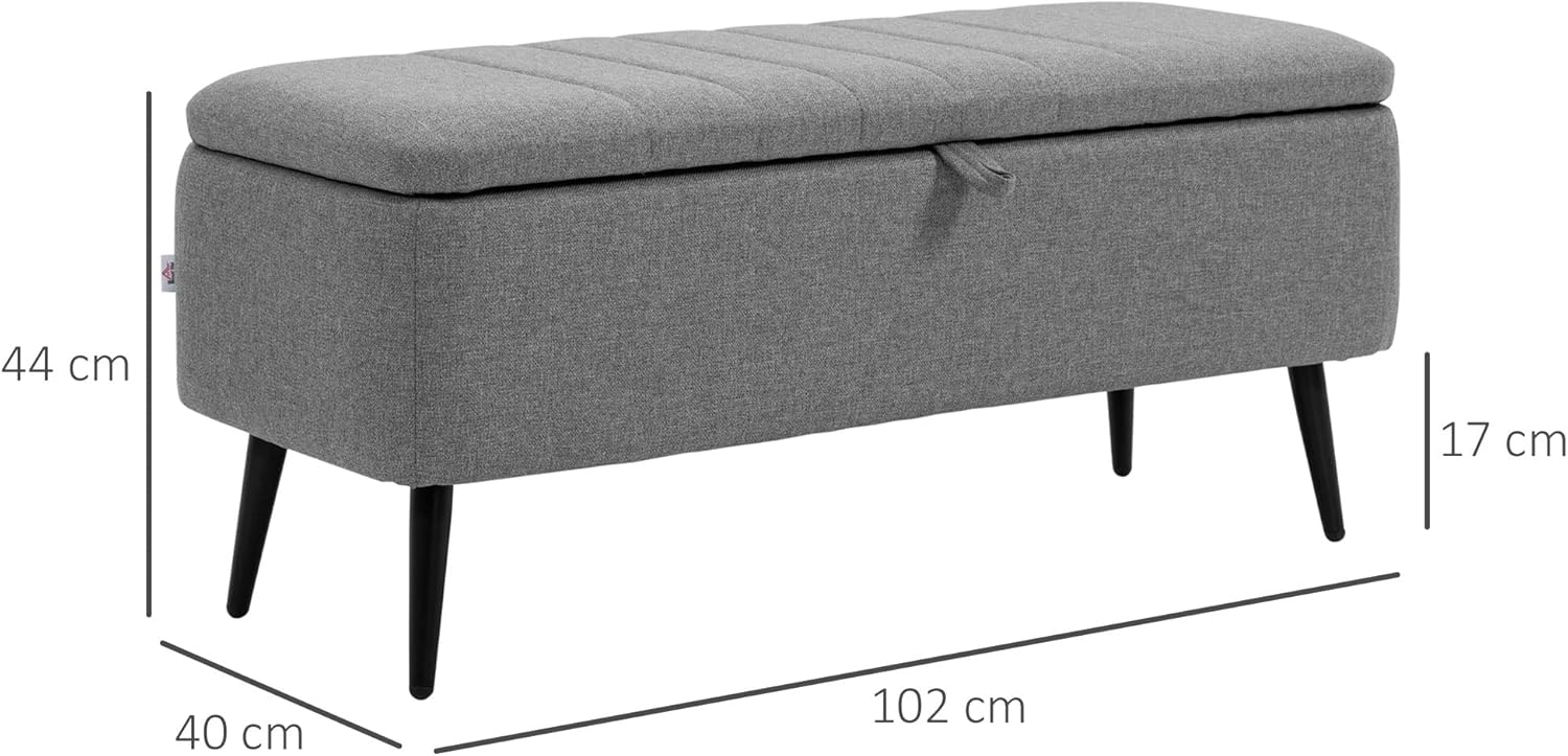 HOMCOM Storage Ottoman with Flip Top, Rectangular Upholstered Bench, Linen Fabric Footstool with Steel Legs for Living Room, Bedroom, Grey-2