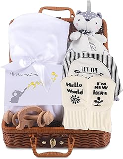 Newborn Baby Gift Set, Baby Birth Gift for Boys and Girls, 7 in 1 Set - A Baby Blanket, Lovey Security Blanket, Bib, Wooden Rattle Toy, Socks, Welcome Card, Deluxe Gift Box