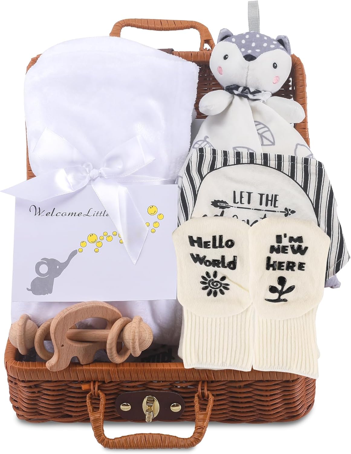 Newborn Baby Gift Set, Baby Birth Gift for Boys and Girls, 7 in 1 Set - A Baby Blanket, Lovey Security Blanket, Bib, Wooden Rattle Toy, Socks, Welcome Card, Deluxe Gift Box-0