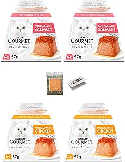 Cat Food Bundle Contains Purina Gourmet Revelations Mousse with 2 CHICKEN and 2 SALMON (total 16 Portions x57g) and 1 Ubipet Catnip 5g with a Health Info Card