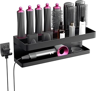 Suewidfay Wall Mount Holder for Dyson Hairdryer Holder Organizer Storage Rack for Dyson Airwrap Styler Curling Iron Wand Barrels Brushes for Bathroom Hair Salon (Black-2)