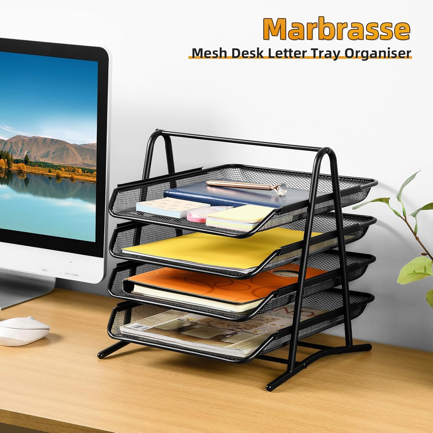 Marbrasse Desk Organiser,Letter Tray Organizer, Paper Tray Stackable, in Trays for Desk File Magazines Organizer,Desk File Organiser(4Tire Black)-2