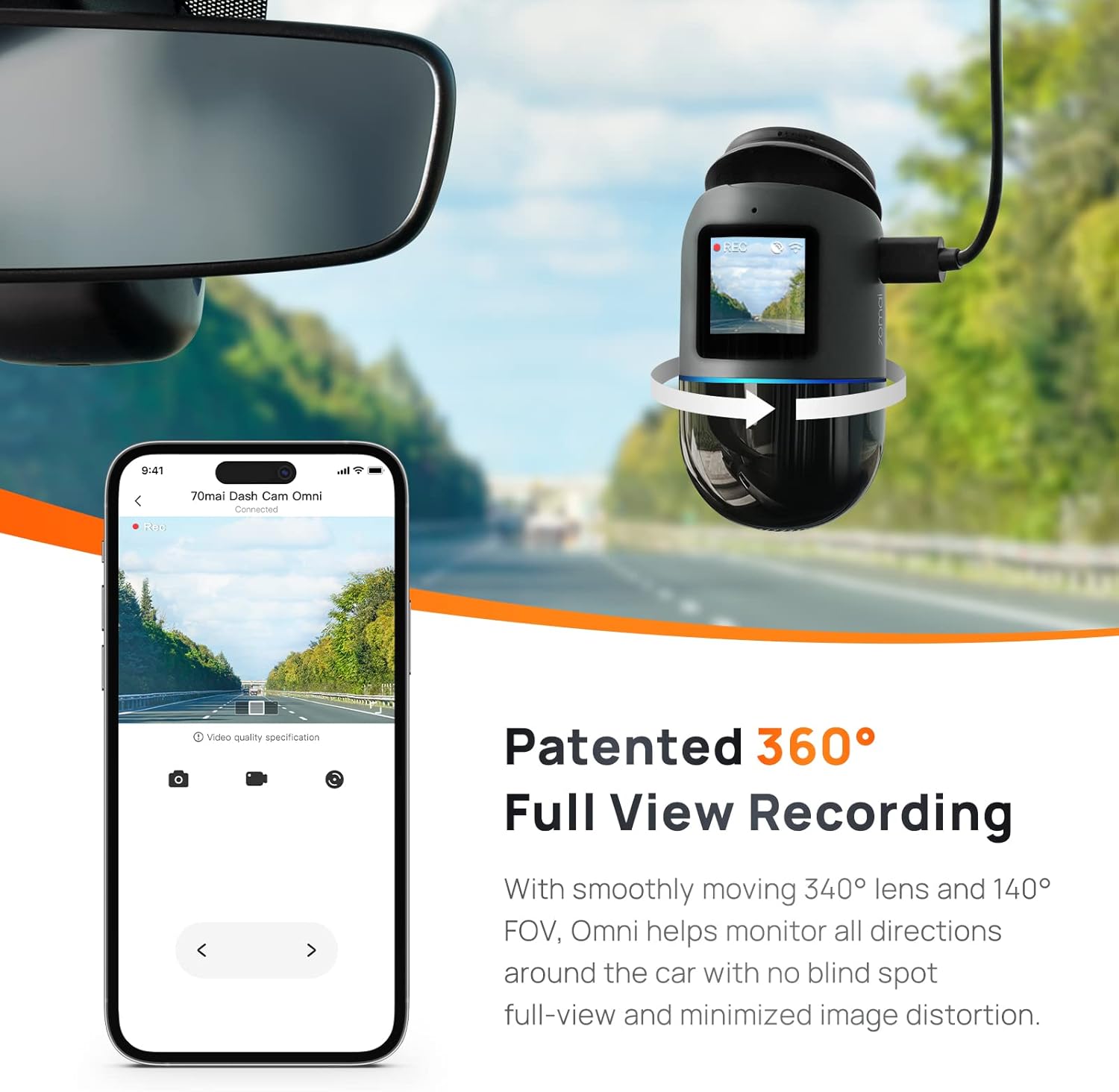 70mai Dash Cam Omni, 360° Rotating, Superior Night Vision, Bulit-in 128GB eMMC Storage, Time-Lapse Recording, 24H Parking Mode, AI Motion Detection, 1080P Full HD, Built-in GPS, App Control-1