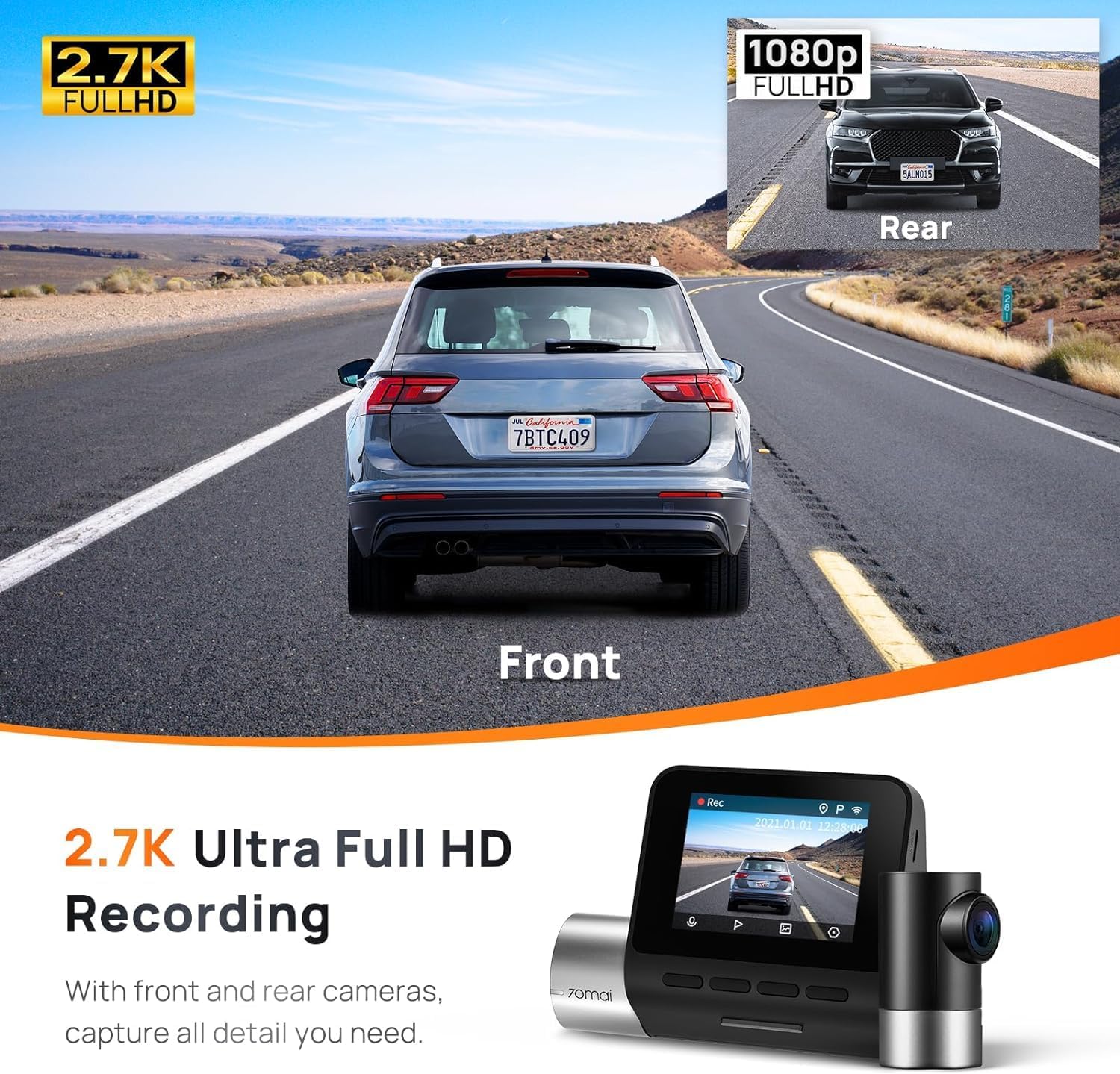 70mai True 2.7K 1944P Ultra Full HD Dash Cam Pro Plus+ A500S, Front and Rear, Built-in WiFi GPS Smart Dash Camera for Cars, ADAS, WDR, Night Vision-1