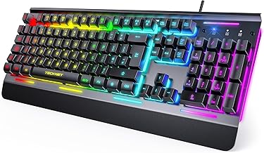 TECKNET RGB Gaming Keyboard, 105 Keys, All-Metal Panel, 15-Zone RGB Illumination, Backlit Quiet Computer Keyboard, Wrist Rest, 25 Anti-ghosting Keys, IP32 Water & Dust Resistant USB Wired Keyboard