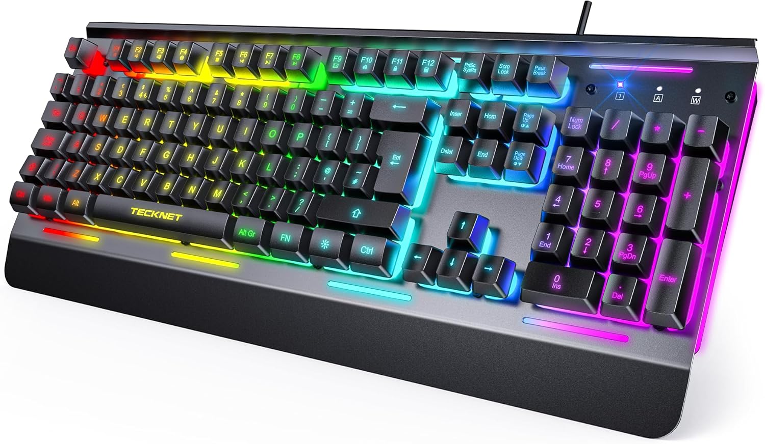 TECKNET RGB Gaming Keyboard, 105 Keys, All-Metal Panel, 15-Zone RGB Illumination, Backlit Quiet Computer Keyboard, Wrist Rest, 25 Anti-ghosting Keys, IP32 Water & Dust Resistant USB Wired Keyboard-0