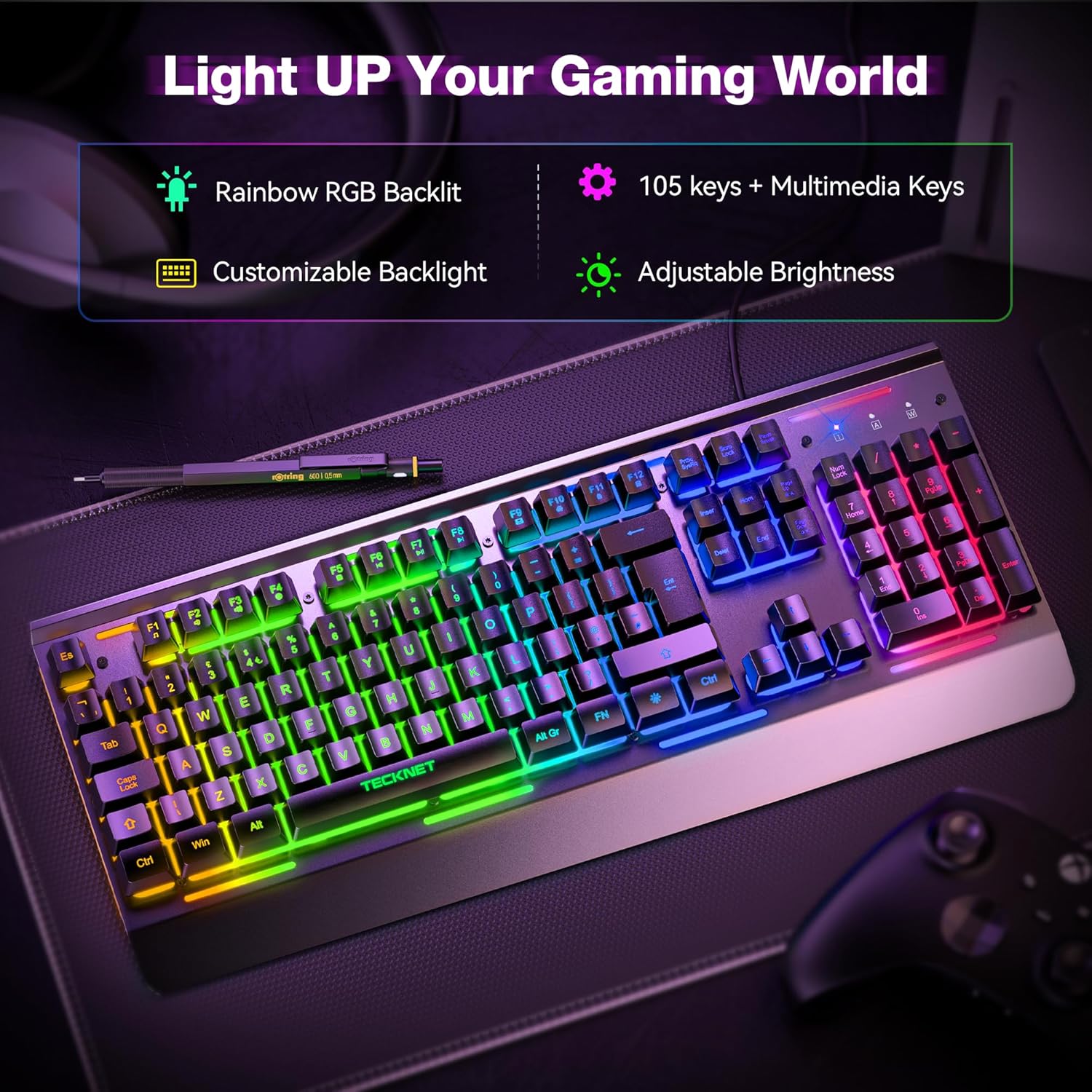 TECKNET RGB Gaming Keyboard, 105 Keys, All-Metal Panel, 15-Zone RGB Illumination, Backlit Quiet Computer Keyboard, Wrist Rest, 25 Anti-ghosting Keys, IP32 Water & Dust Resistant USB Wired Keyboard-1