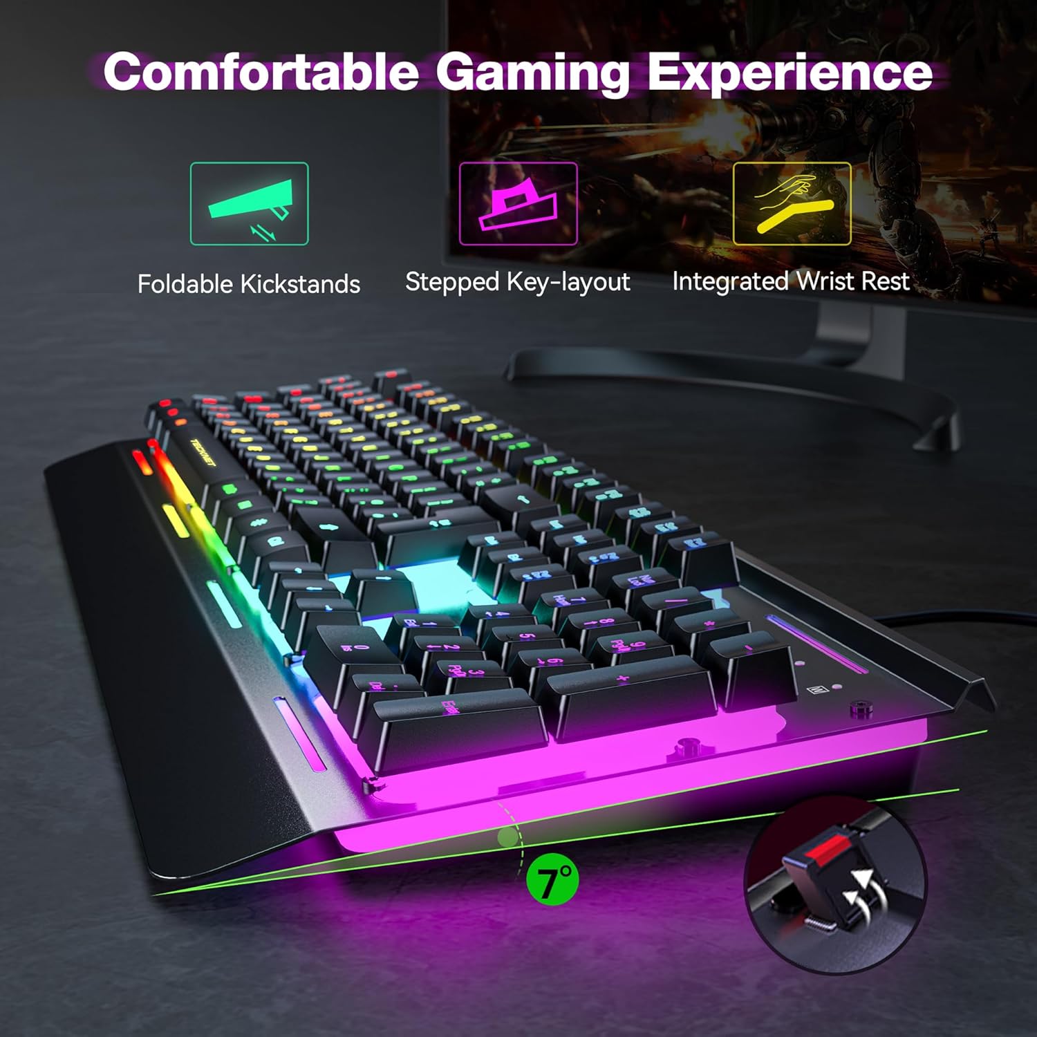 TECKNET RGB Gaming Keyboard, 105 Keys, All-Metal Panel, 15-Zone RGB Illumination, Backlit Quiet Computer Keyboard, Wrist Rest, 25 Anti-ghosting Keys, IP32 Water & Dust Resistant USB Wired Keyboard-2