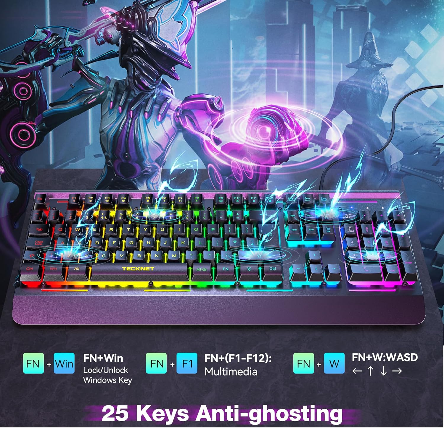 TECKNET RGB Gaming Keyboard, 105 Keys, All-Metal Panel, 15-Zone RGB Illumination, Backlit Quiet Computer Keyboard, Wrist Rest, 25 Anti-ghosting Keys, IP32 Water & Dust Resistant USB Wired Keyboard-3