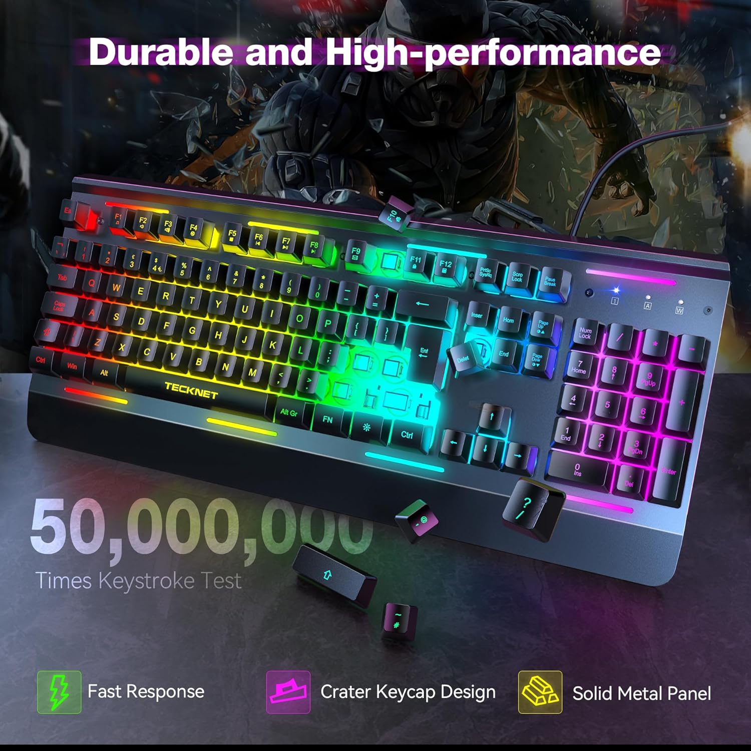 TECKNET RGB Gaming Keyboard, 105 Keys, All-Metal Panel, 15-Zone RGB Illumination, Backlit Quiet Computer Keyboard, Wrist Rest, 25 Anti-ghosting Keys, IP32 Water & Dust Resistant USB Wired Keyboard-4