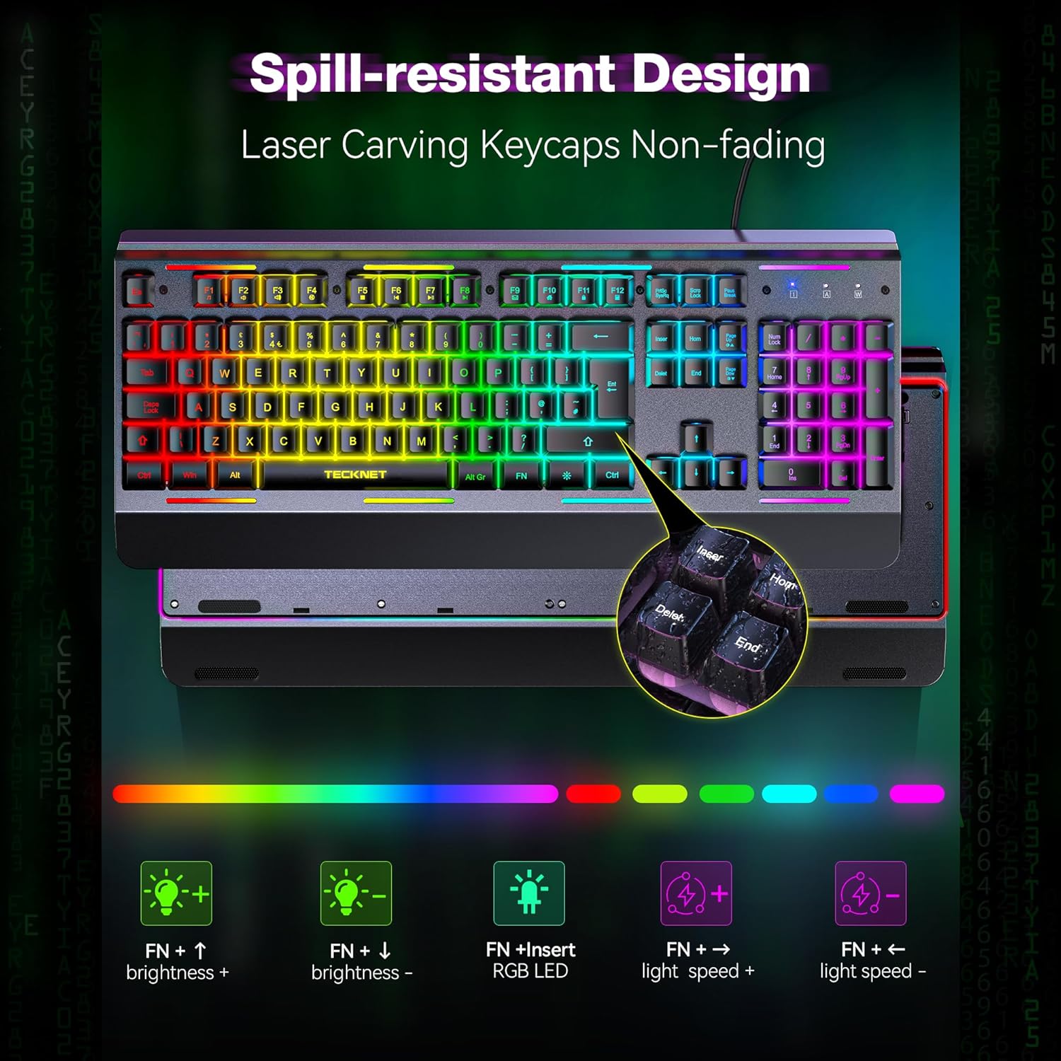 TECKNET RGB Gaming Keyboard, 105 Keys, All-Metal Panel, 15-Zone RGB Illumination, Backlit Quiet Computer Keyboard, Wrist Rest, 25 Anti-ghosting Keys, IP32 Water & Dust Resistant USB Wired Keyboard-5