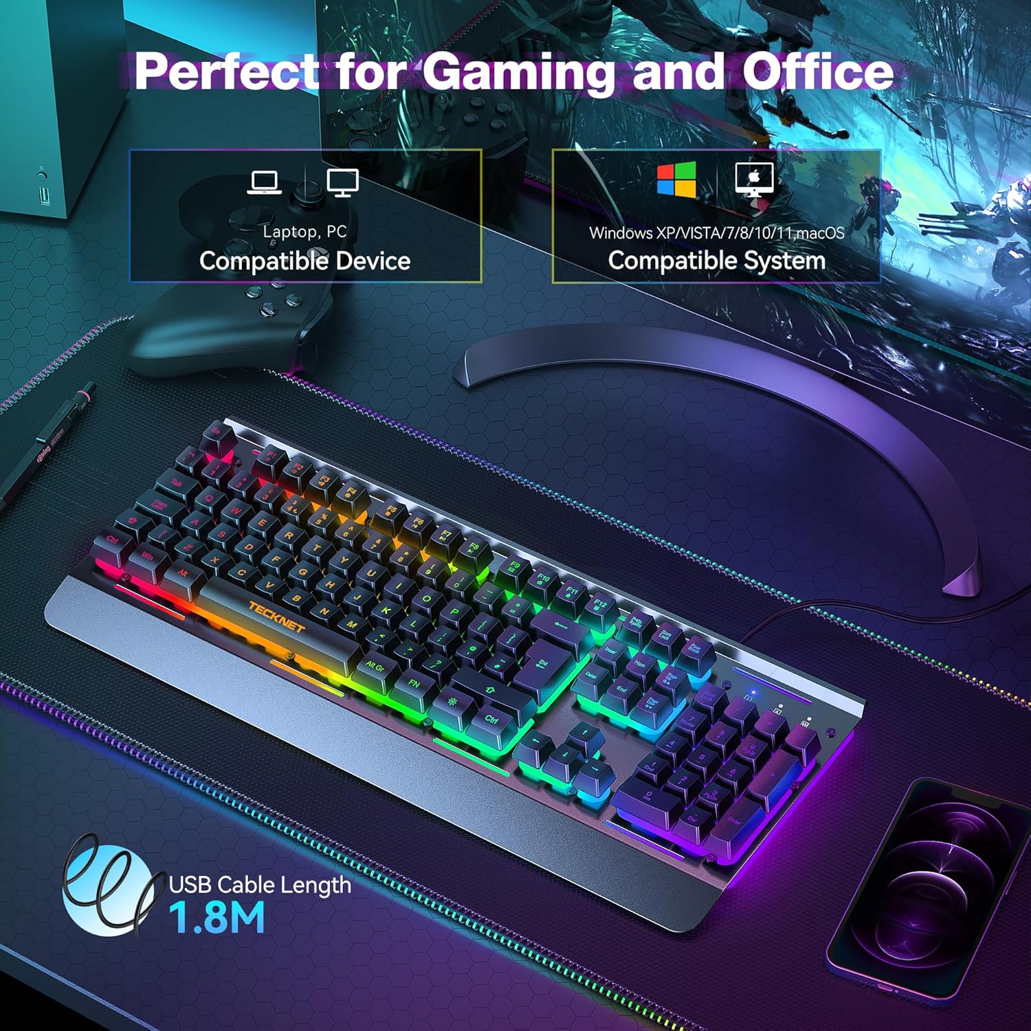 TECKNET RGB Gaming Keyboard, 105 Keys, All-Metal Panel, 15-Zone RGB Illumination, Backlit Quiet Computer Keyboard, Wrist Rest, 25 Anti-ghosting Keys, IP32 Water & Dust Resistant USB Wired Keyboard-6