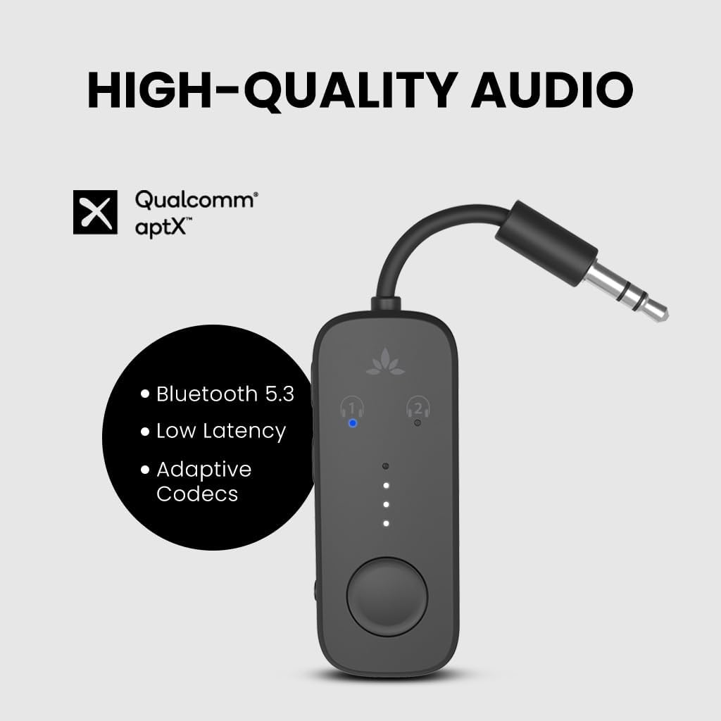 Avantree Relay - Premium Airplane Bluetooth 5.3 Adapter, Supports 2 AirPods or Headphones with aptX-Low Latency - 3.5mm AUX Jack Wireless Audio Transmitter for Planes, Travel, Airline, TV, Gym, Tablet-2