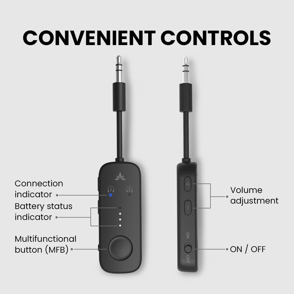 Avantree Relay - Premium Airplane Bluetooth 5.3 Adapter, Supports 2 AirPods or Headphones with aptX-Low Latency - 3.5mm AUX Jack Wireless Audio Transmitter for Planes, Travel, Airline, TV, Gym, Tablet-6