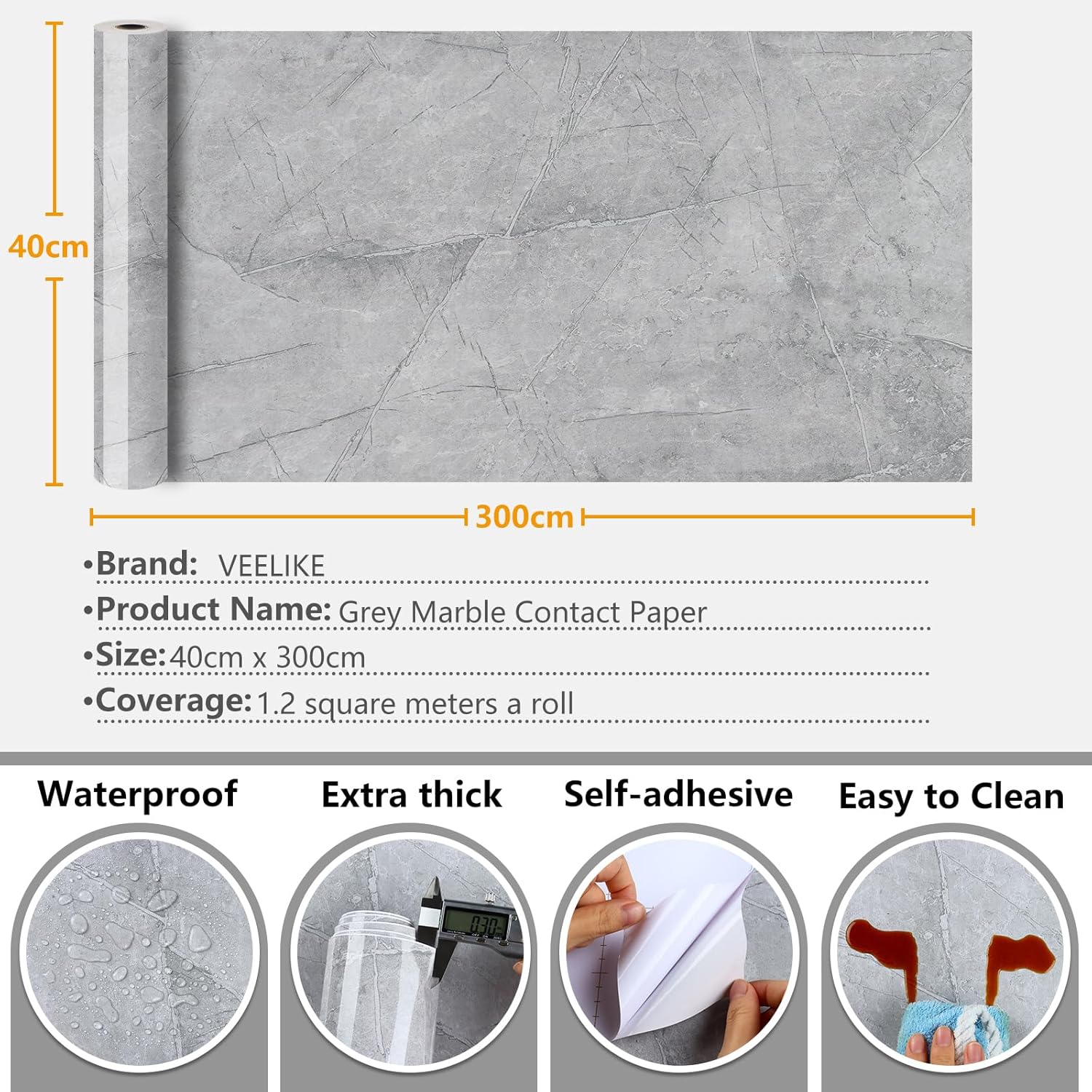 VEELIKE Grey Marble Wallpaper Self Adhesive Contact Paper Marble Sticky Back Plastic Roll Waterproof Kitchen Worktop Covering Bathroom Countertop Thick Lining Paper for Walls Living Room 40cm x 300cm-6