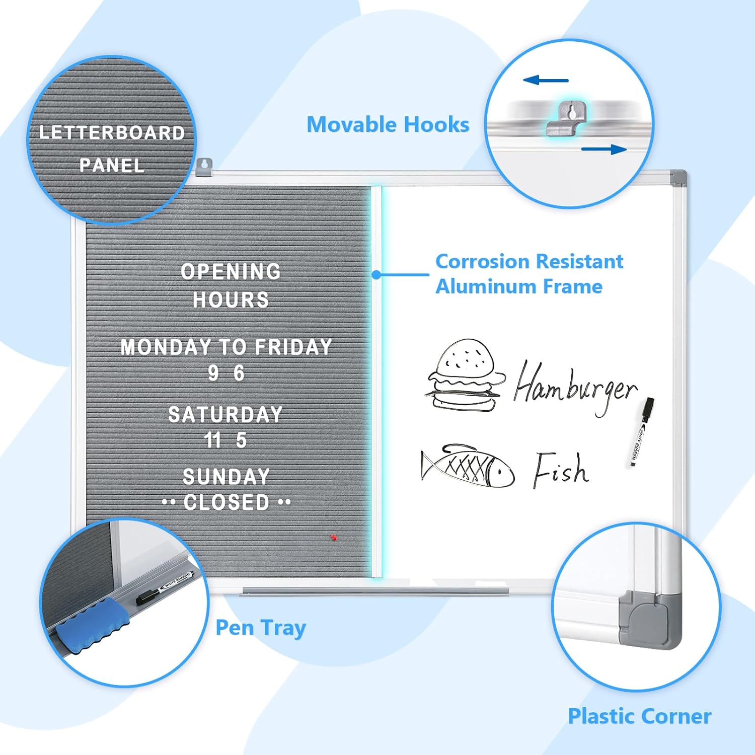 MAKELLO Combination Whiteboard Letter Pin Board for Home, School, Office, Aluminum Frame, Grey Felt, 90x60cm-2