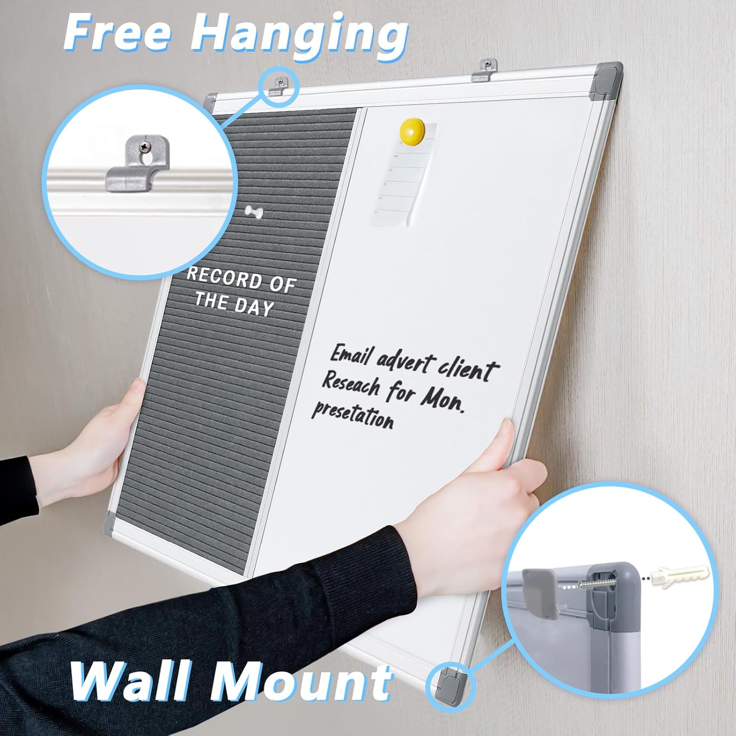 MAKELLO Combination Whiteboard Letter Pin Board for Home, School, Office, Aluminum Frame, Grey Felt, 90x60cm-3