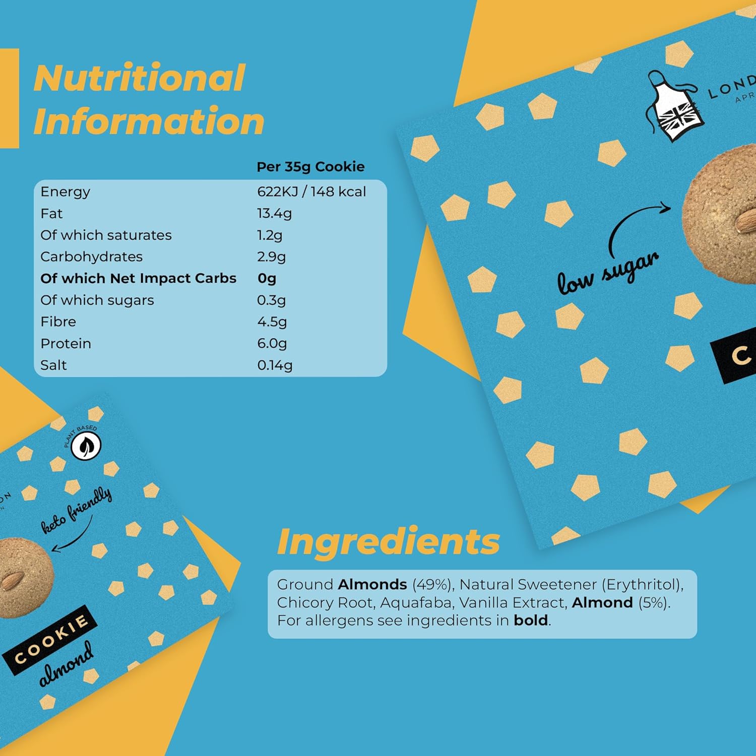 London Apron Almond Keto Cookies 12X35g - Low Carb Snacks With Zero Net Carbs, Gluten & Dairy Free High Fibre Biscuits, No Added Sugar Diabetic & Vegan Friendly Cookie Snack-3