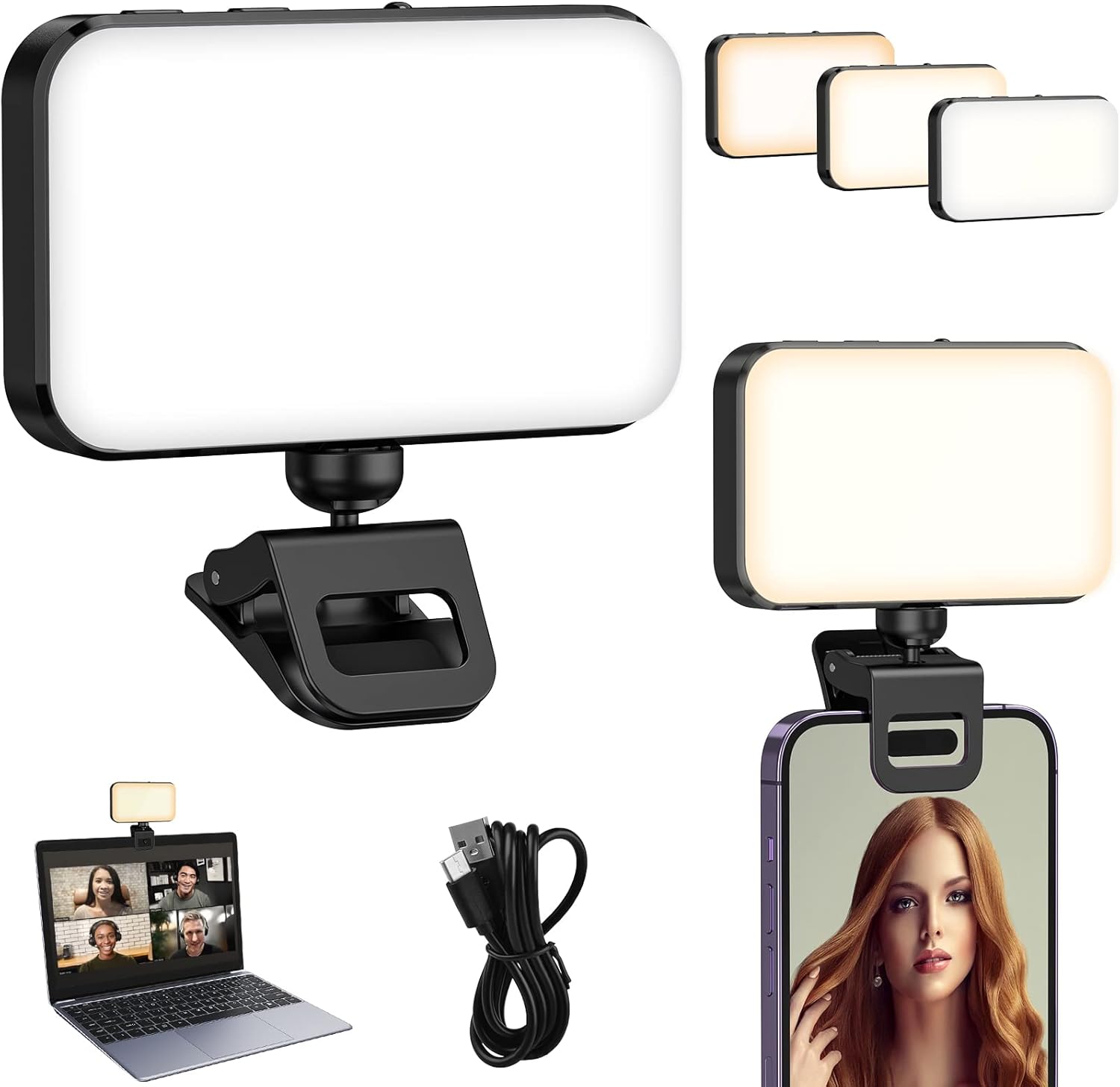 CAMOLO Video Conference Light, Video Light with Clip 3 Light Modes, 1000mAh Rotating Selfie Light for Mobile Phone/Laptop/Monitor, for Zoom, Live Streaming, Selfies, Video Conference, Makeup-0