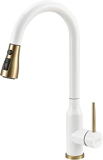 Warmiehomy Kitchen Tap Kitchen Sink Taps Mixer with Pull Out Sprayer 360° Swivel Spout Stainless Steel Faucet with UK Standard Fittings White&Gold