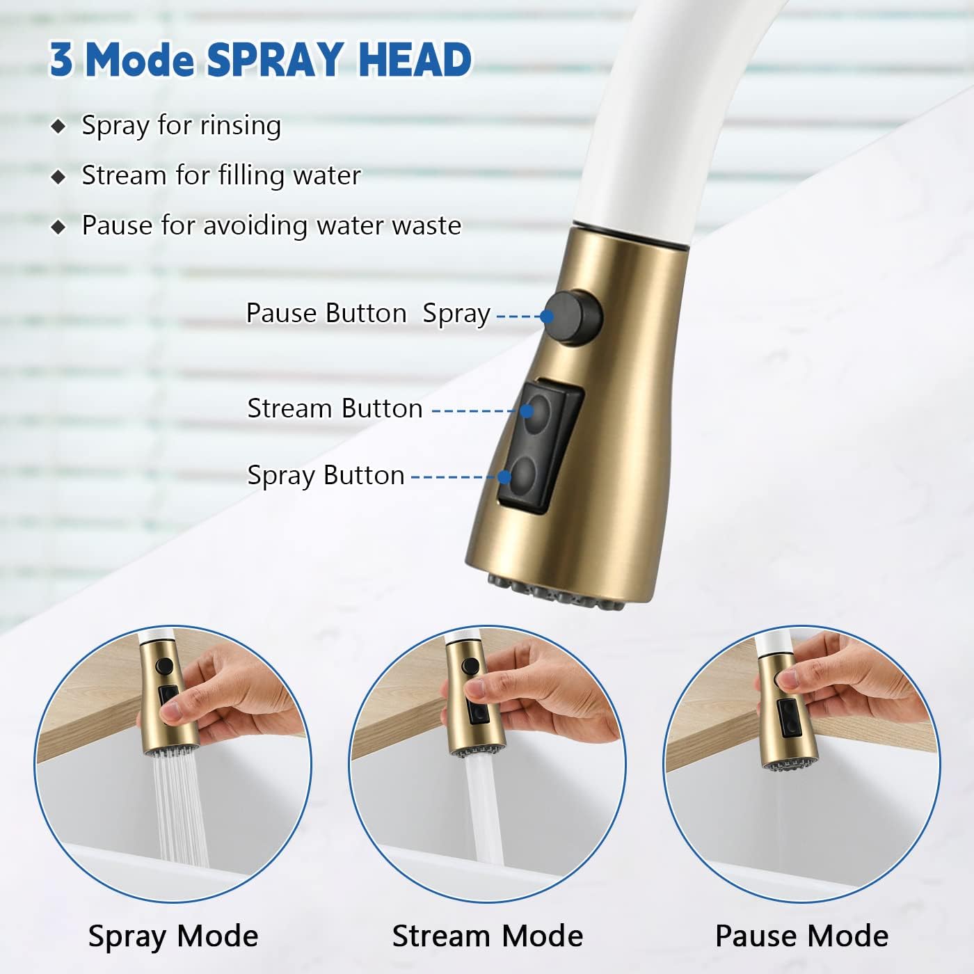 Warmiehomy Kitchen Tap Kitchen Sink Taps Mixer with Pull Out Sprayer 360° Swivel Spout Stainless Steel Faucet with UK Standard Fittings White&Gold-1