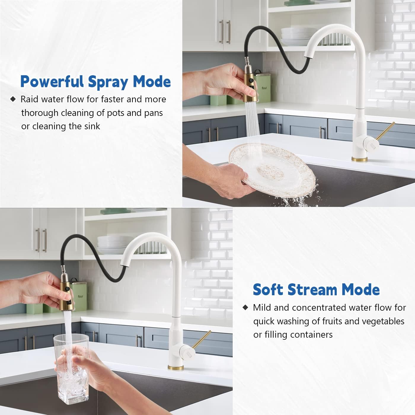 Warmiehomy Kitchen Tap Kitchen Sink Taps Mixer with Pull Out Sprayer 360° Swivel Spout Stainless Steel Faucet with UK Standard Fittings White&Gold-2