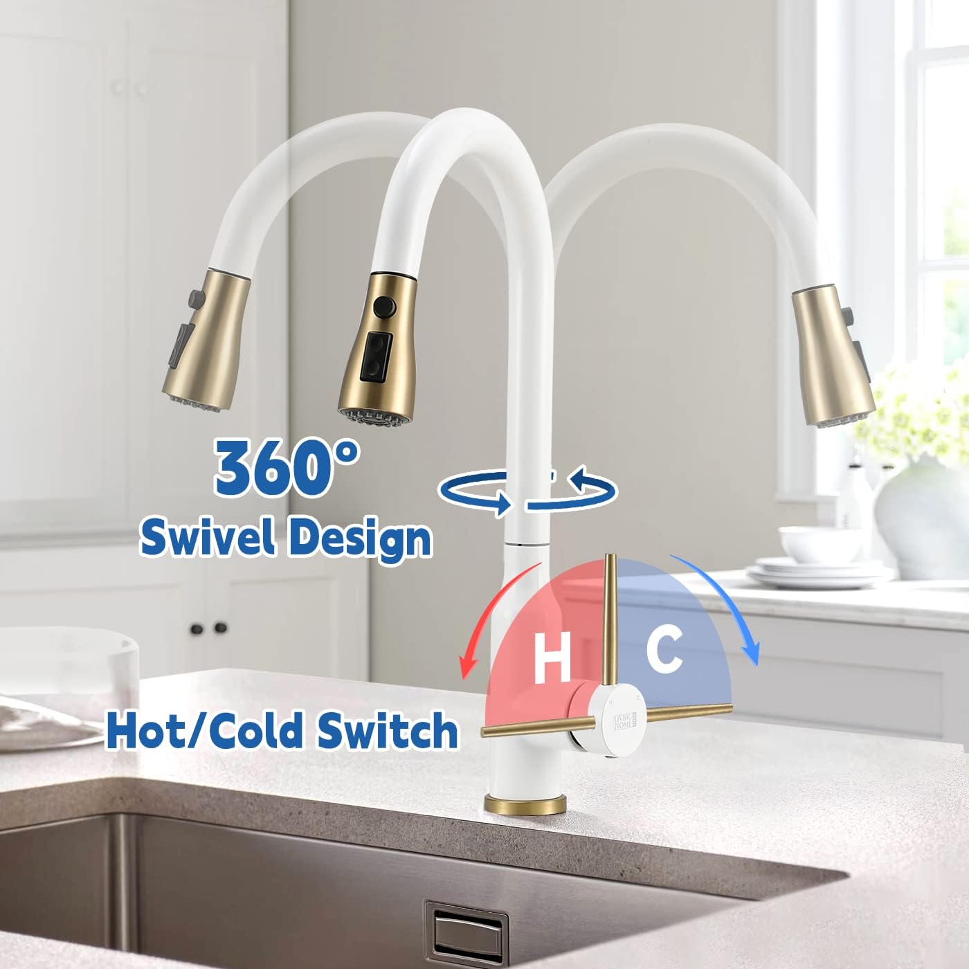 Warmiehomy Kitchen Tap Kitchen Sink Taps Mixer with Pull Out Sprayer 360° Swivel Spout Stainless Steel Faucet with UK Standard Fittings White&Gold-3