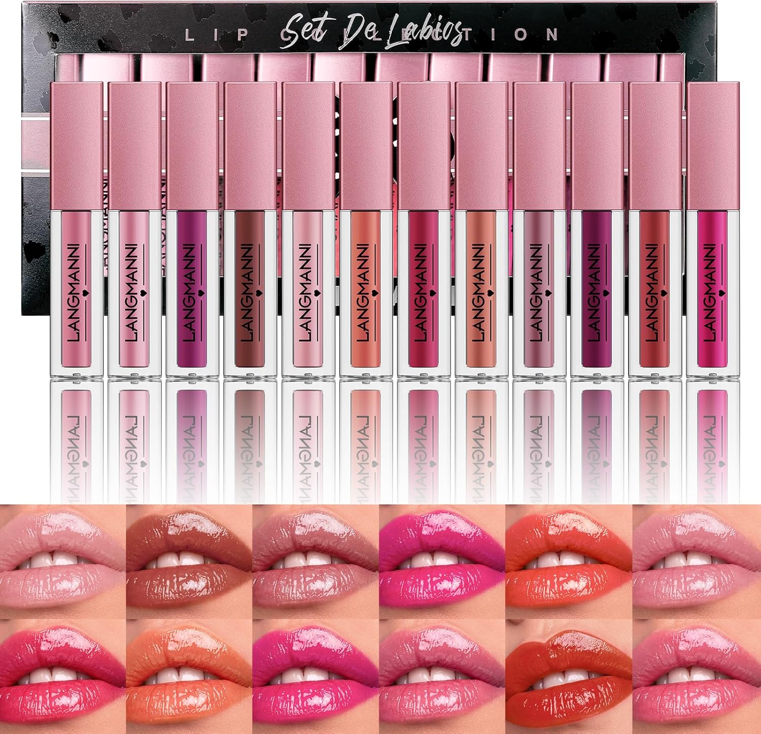 LANGMANNI 12Pcs Lip gloss Collection Makeup Set,Shiny Smooth Soft Liquid Lip Glosses Lip Stain With Rich Varied Colors For Girls And Women Makeup(Color-A)-0