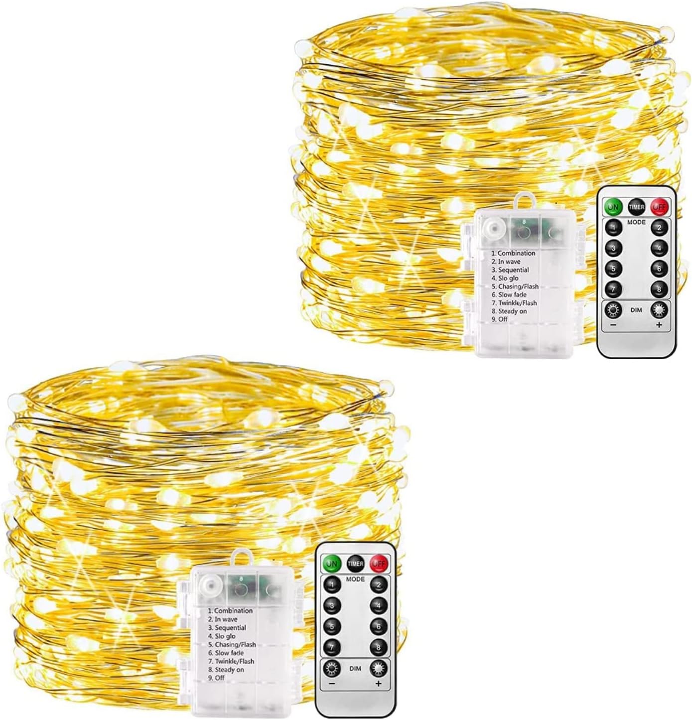 plainshe Battery Fairy Lights - 2 Pack, 10m 100 Led Copper Wire Fairy Lights, 8 Modes Remote Control Timer, Waterproof String Lights Battery Operated, Christmas Decoration Indoor Outdoor-0