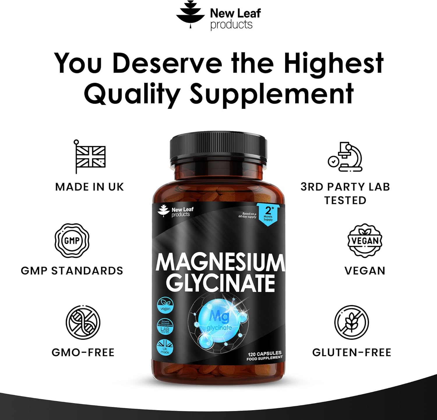 Magnesium Glycinate Supplements - 1040mg of Magnesium - 120 High Strength Capsules Providing 208mg Elemental Magnesium Per Serving - Pure Active Ingredient - UK Manufactured by New Leaf Products-3