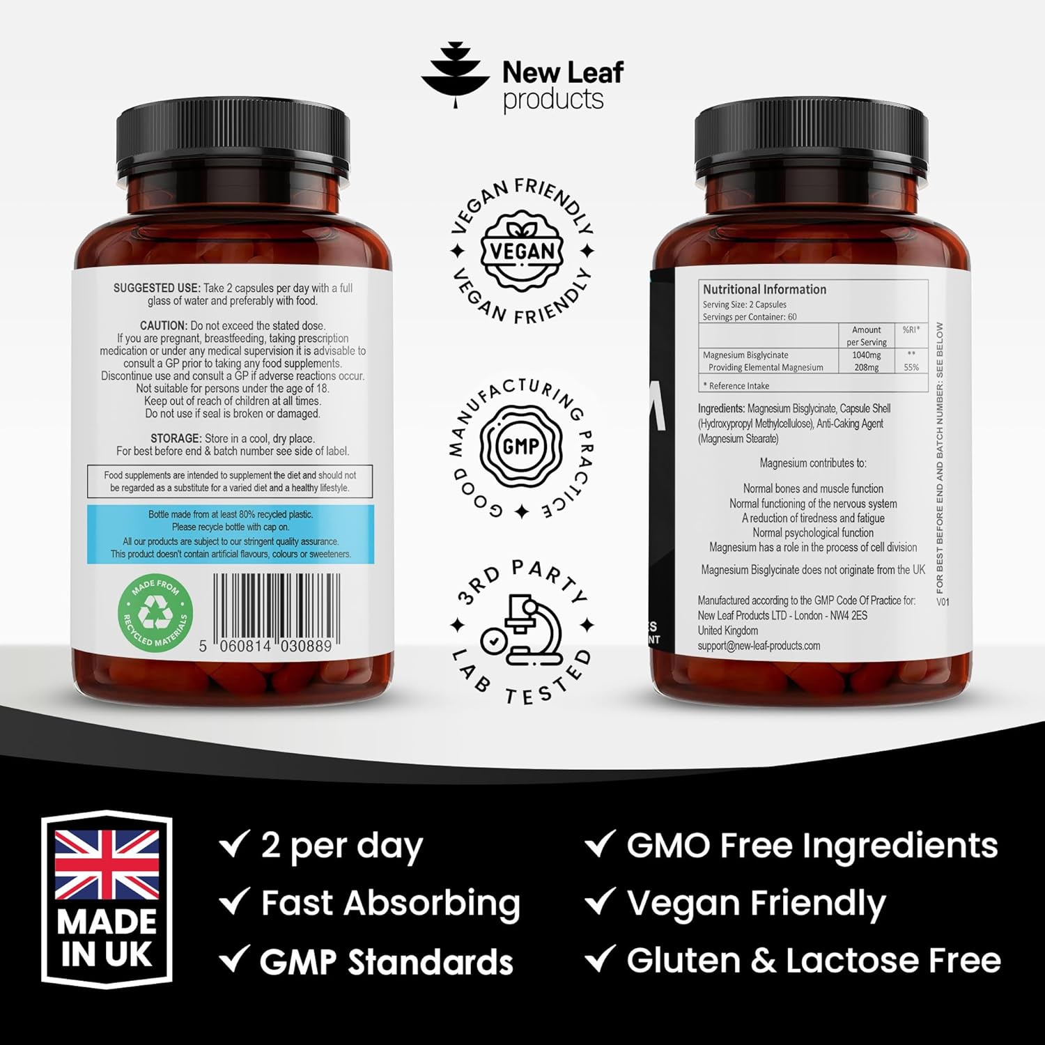 Magnesium Glycinate Supplements - 1040mg of Magnesium - 120 High Strength Capsules Providing 208mg Elemental Magnesium Per Serving - Pure Active Ingredient - UK Manufactured by New Leaf Products-5