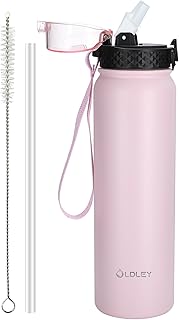 OLDLEY Stainless Steel Water Bottle with Straw 1L Vaccum Insulated Large Drink Flask Metal Water Bottles 1 litre Leakproof Keep Drinks Hot Cold for Bike Camping Sports Gym Adult Women Men(Pink, 1 Lid)