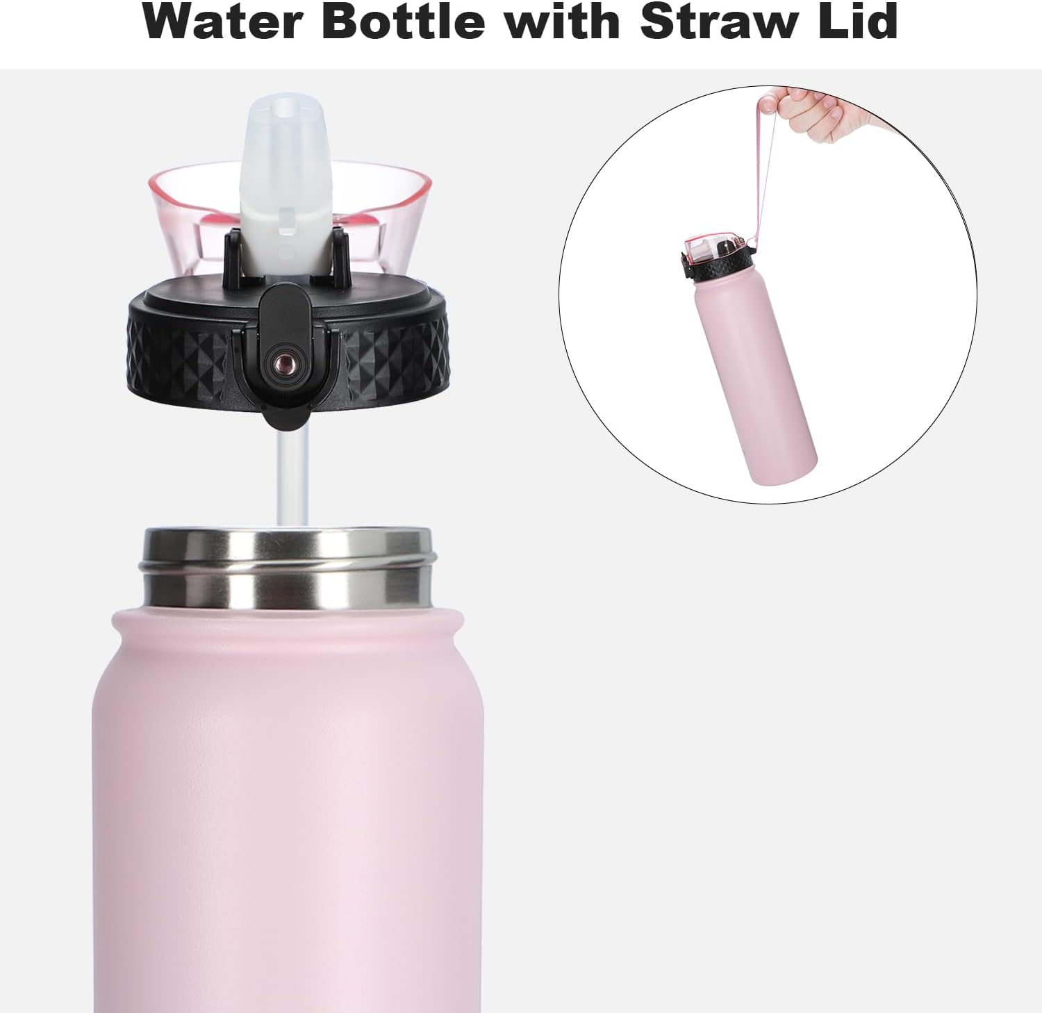 OLDLEY Stainless Steel Water Bottle with Straw 1L Vaccum Insulated Large Drink Flask Metal Water Bottles 1 litre Leakproof Keep Drinks Hot Cold for Bike Camping Sports Gym Adult Women Men(Pink, 1 Lid)-1