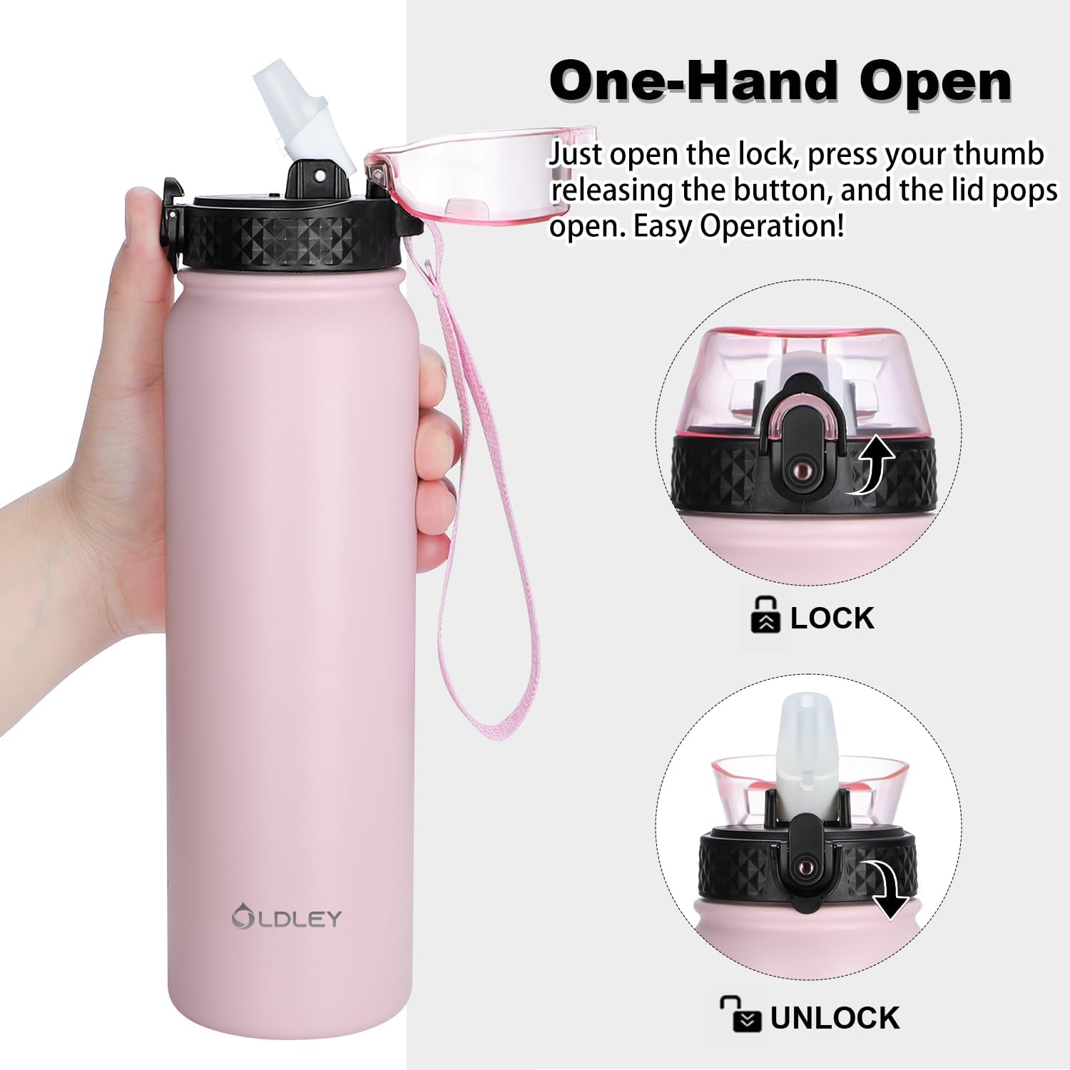 OLDLEY Stainless Steel Water Bottle with Straw 1L Vaccum Insulated Large Drink Flask Metal Water Bottles 1 litre Leakproof Keep Drinks Hot Cold for Bike Camping Sports Gym Adult Women Men(Pink, 1 Lid)-2