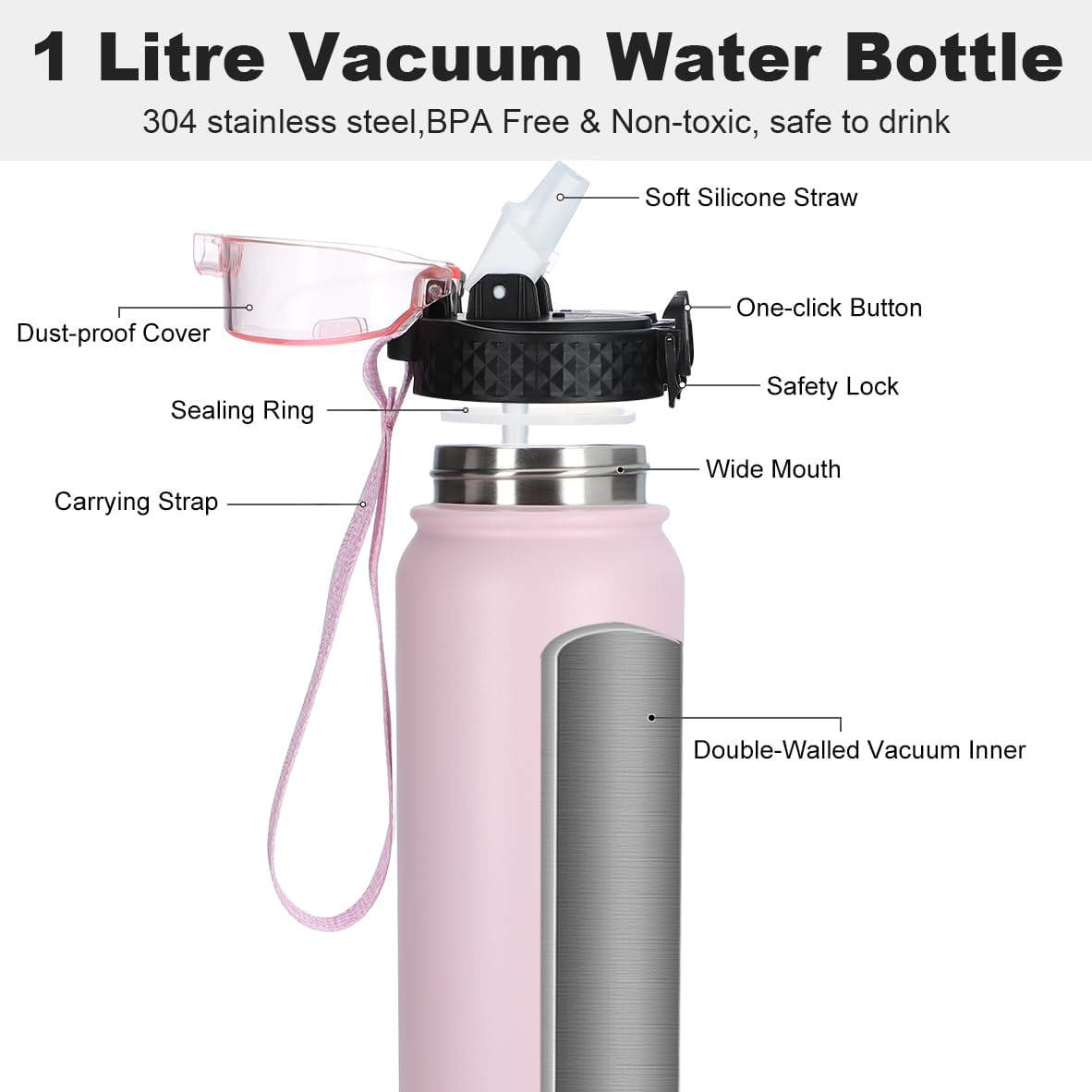 OLDLEY Stainless Steel Water Bottle with Straw 1L Vaccum Insulated Large Drink Flask Metal Water Bottles 1 litre Leakproof Keep Drinks Hot Cold for Bike Camping Sports Gym Adult Women Men(Pink, 1 Lid)-3