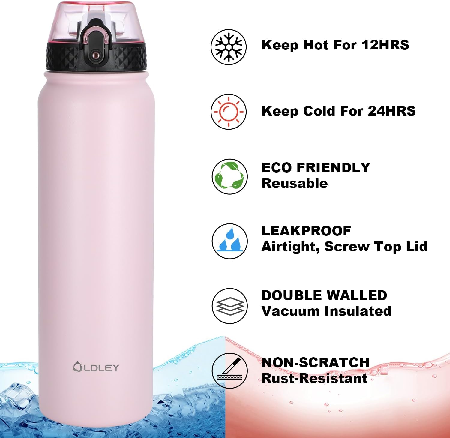 OLDLEY Stainless Steel Water Bottle with Straw 1L Vaccum Insulated Large Drink Flask Metal Water Bottles 1 litre Leakproof Keep Drinks Hot Cold for Bike Camping Sports Gym Adult Women Men(Pink, 1 Lid)-4