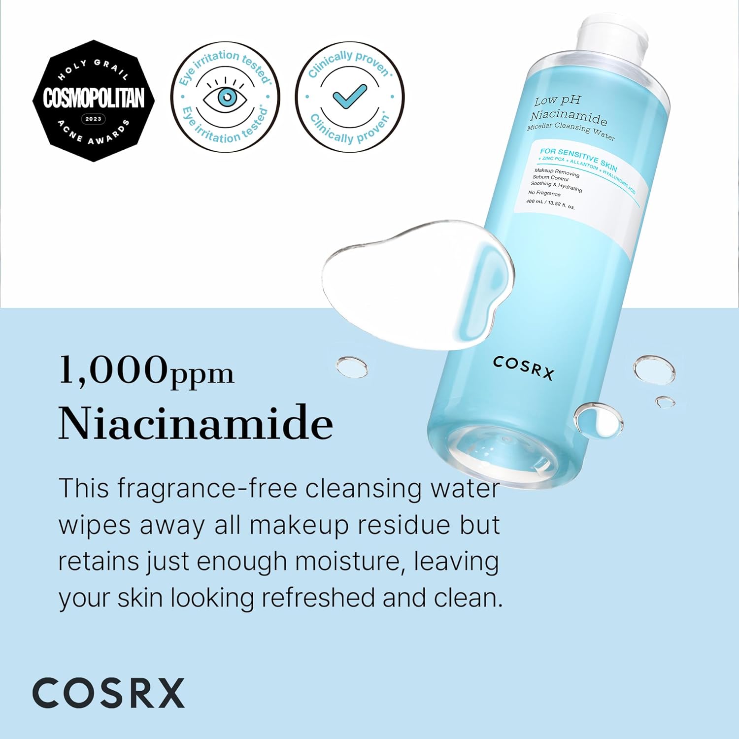 COSRX Low pH Niacinamide Micellar Cleansing Water 13.52fl.oz/400ml, Daily Mild Facial Cleansing Wash for Sensitive Skin, Sebum Control, Paraben Free, Korean Skincare-1