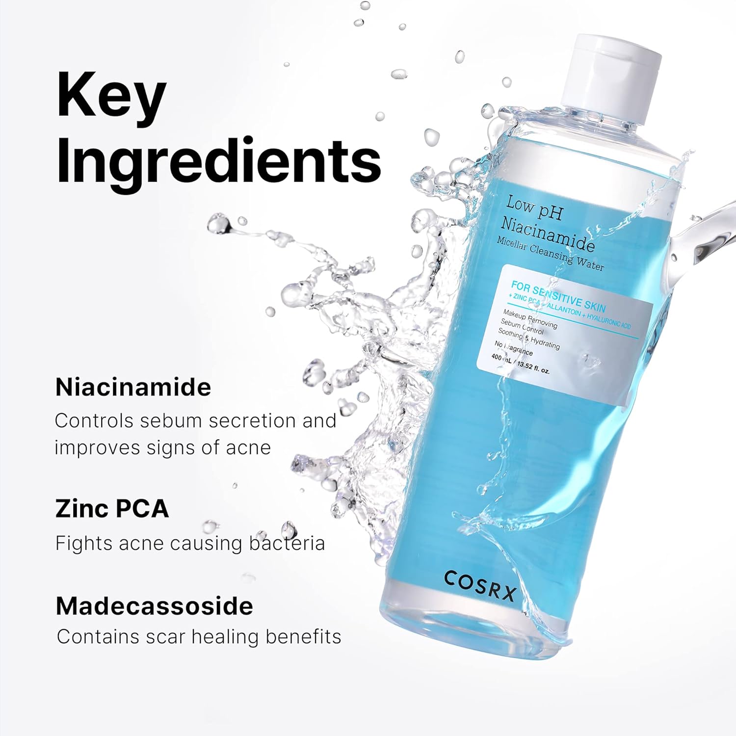 COSRX Low pH Niacinamide Micellar Cleansing Water 13.52fl.oz/400ml, Daily Mild Facial Cleansing Wash for Sensitive Skin, Sebum Control, Paraben Free, Korean Skincare-2