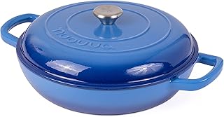 Shallow Cast Iron Casserole with Lid – Non Stick Dutch Oven Pot, Oven Safe up to 500° F – Sturdy Ovenproof Stockpot Cookware – Enamelled Cooking Pot – Dark Blue, 3.7-Quart, 30cm – by Nuovva