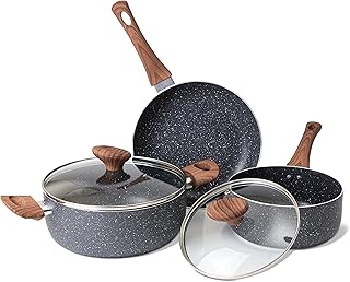 Non Stick Pots and Pans Set – Induction Hob Pots Set – 5pcs Kitchen Cookware with Lids – Cooking Marble Saucepan Pots and Frying Pans – by Nuovva