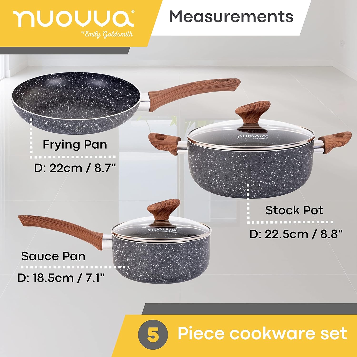 Non Stick Pots and Pans Set – Induction Hob Pots Set – 5pcs Kitchen Cookware with Lids – Cooking Marble Saucepan Pots and Frying Pans – by Nuovva-2