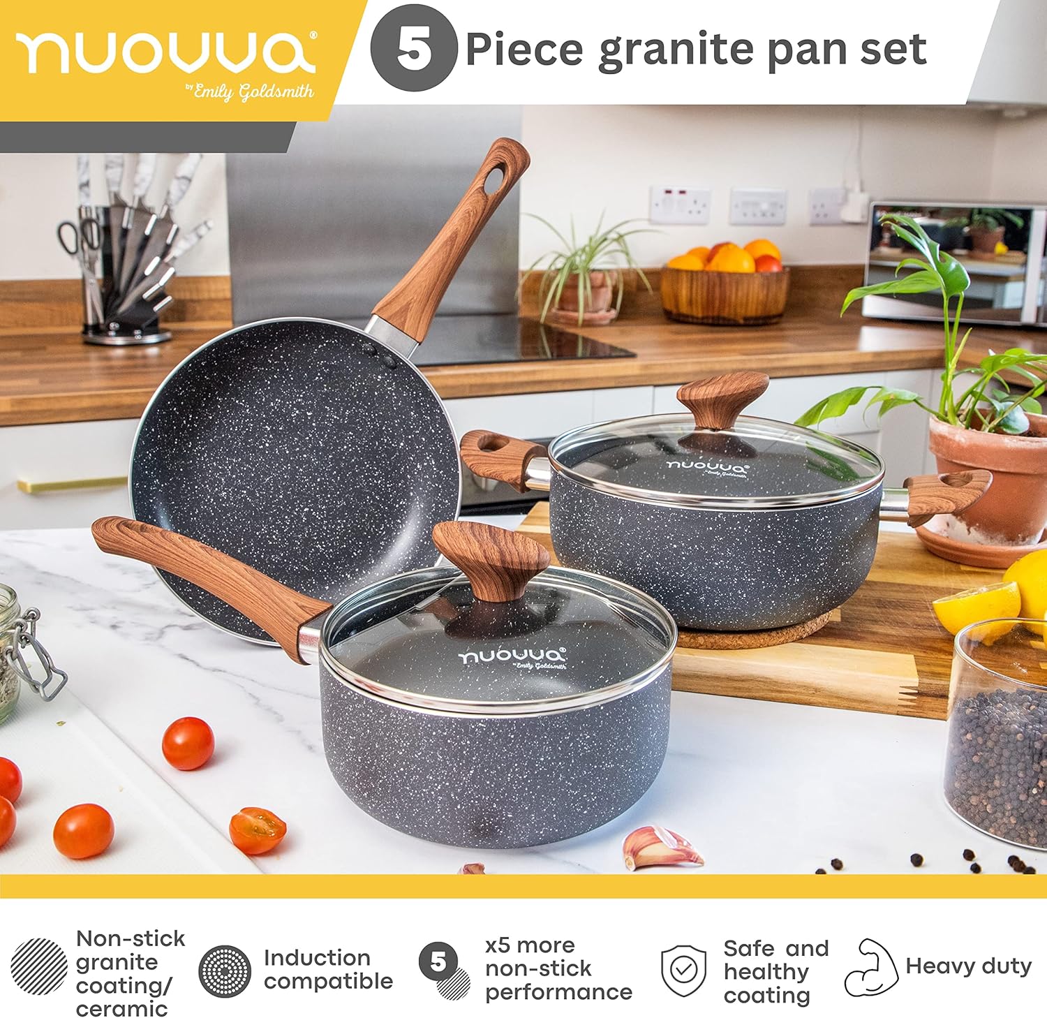 Non Stick Pots and Pans Set – Induction Hob Pots Set – 5pcs Kitchen Cookware with Lids – Cooking Marble Saucepan Pots and Frying Pans – by Nuovva-3