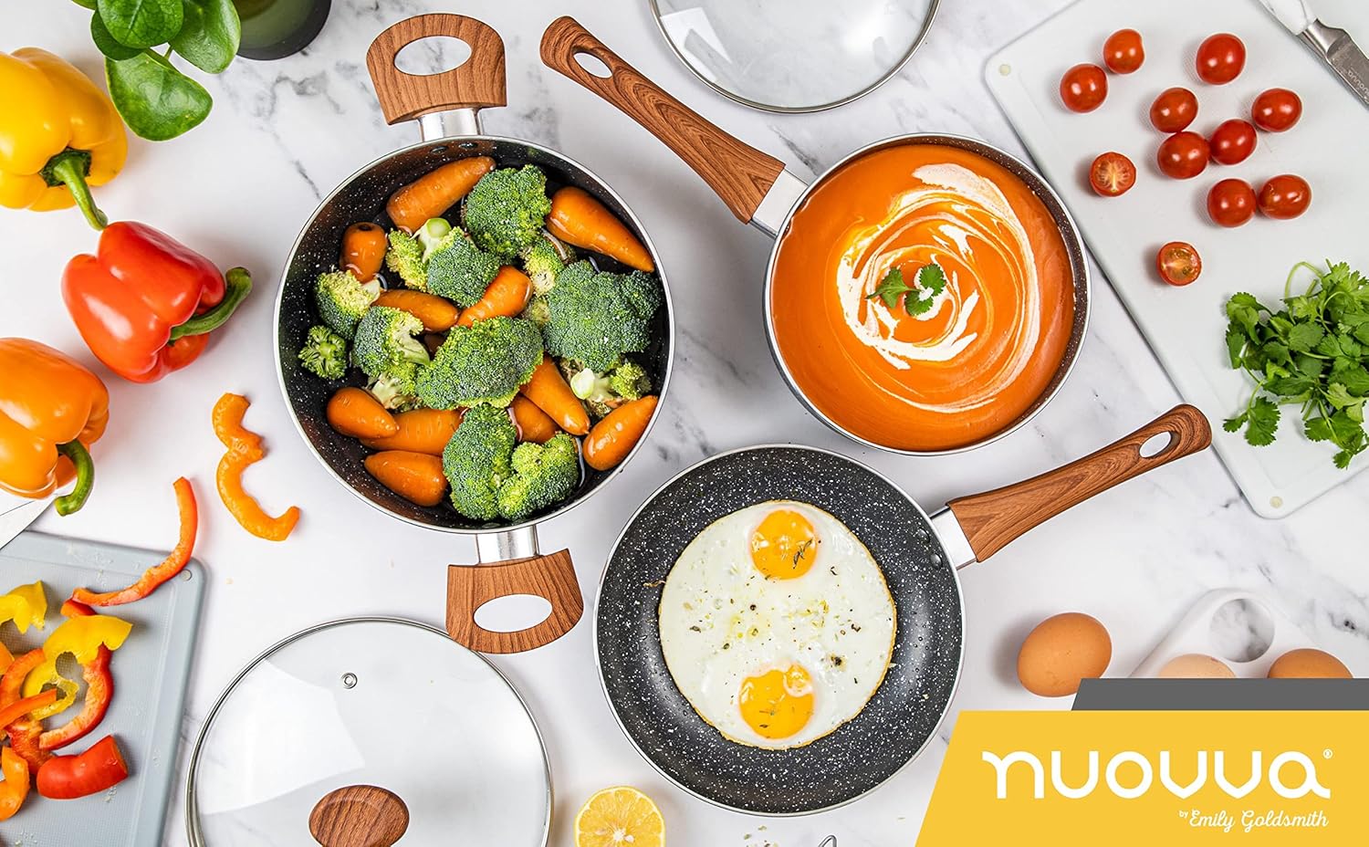 Non Stick Pots and Pans Set – Induction Hob Pots Set – 5pcs Kitchen Cookware with Lids – Cooking Marble Saucepan Pots and Frying Pans – by Nuovva-6