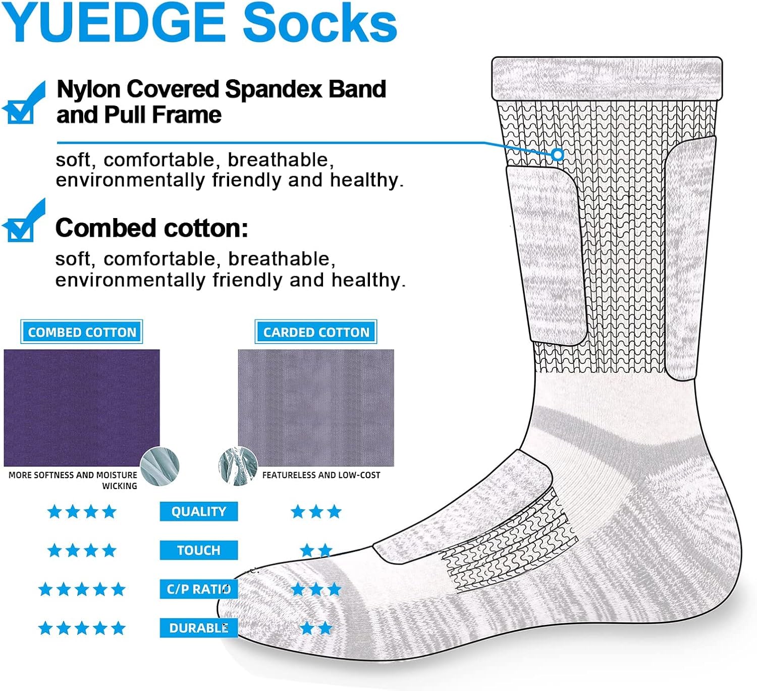 YUEDGE Mens Hiking Walking Socks Cushioned Crew Casual Sports Socks Padded Work Socks for Men 9-11/10-13, 3/5 Pairs/Pack-4