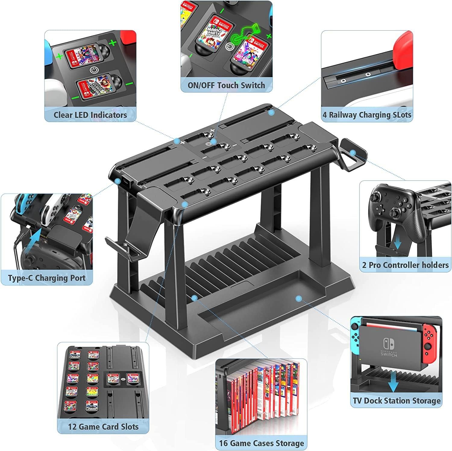 Switch Games Organizer Station with Controller Charger, Charging Dock for Nintendo Switch & OLED Joycons, Tokluck Switch Storage and Organizer for Games, TV Dock, Accessories Kit Storage-3