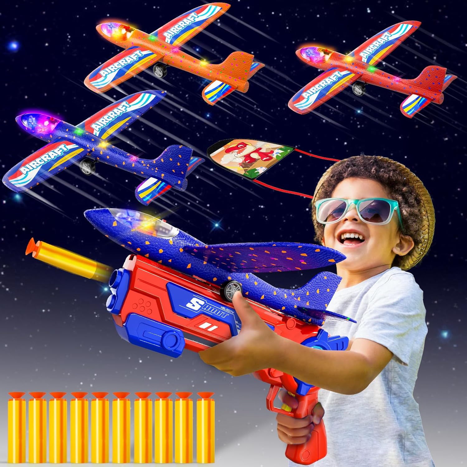 Doloowee 4 IN 1 Airplane Launcher Toys, LED Foam Glider Airplane Catapult, 2 Flight Modes, Outdoor Sports Flying Toys 3-12 Years Old Boys Girls Birthday Gifts-0