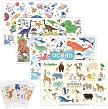 Maliton Disposable Placemats for Baby, Waterproof Stick-On Baby Placemat with Alphabet |Animal 4 Themes, Kids Placemats for Dining Table, Restaurants, Travel, 32 Packs (Individual Package)